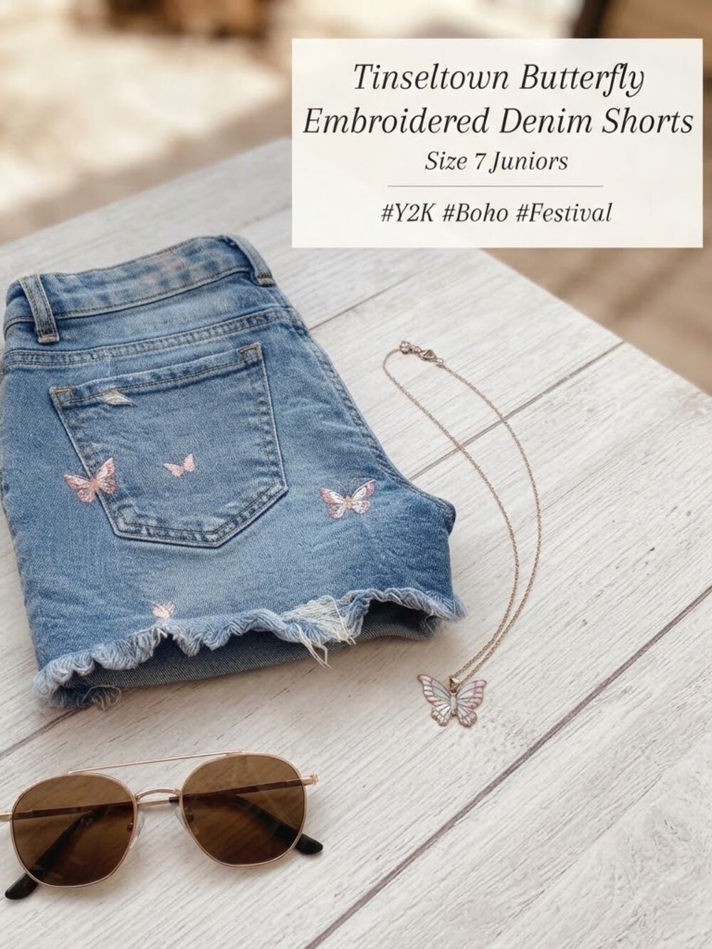 Tinseltown Butterfly Embroidered High Rise Denim Shorts | Juniors Size 7